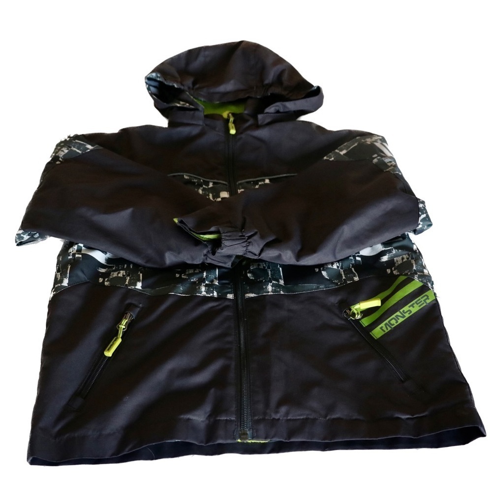 Monster Boys Size 7 Navy Coat Hooded Neon Yellow Fleece Lined Media Pocket